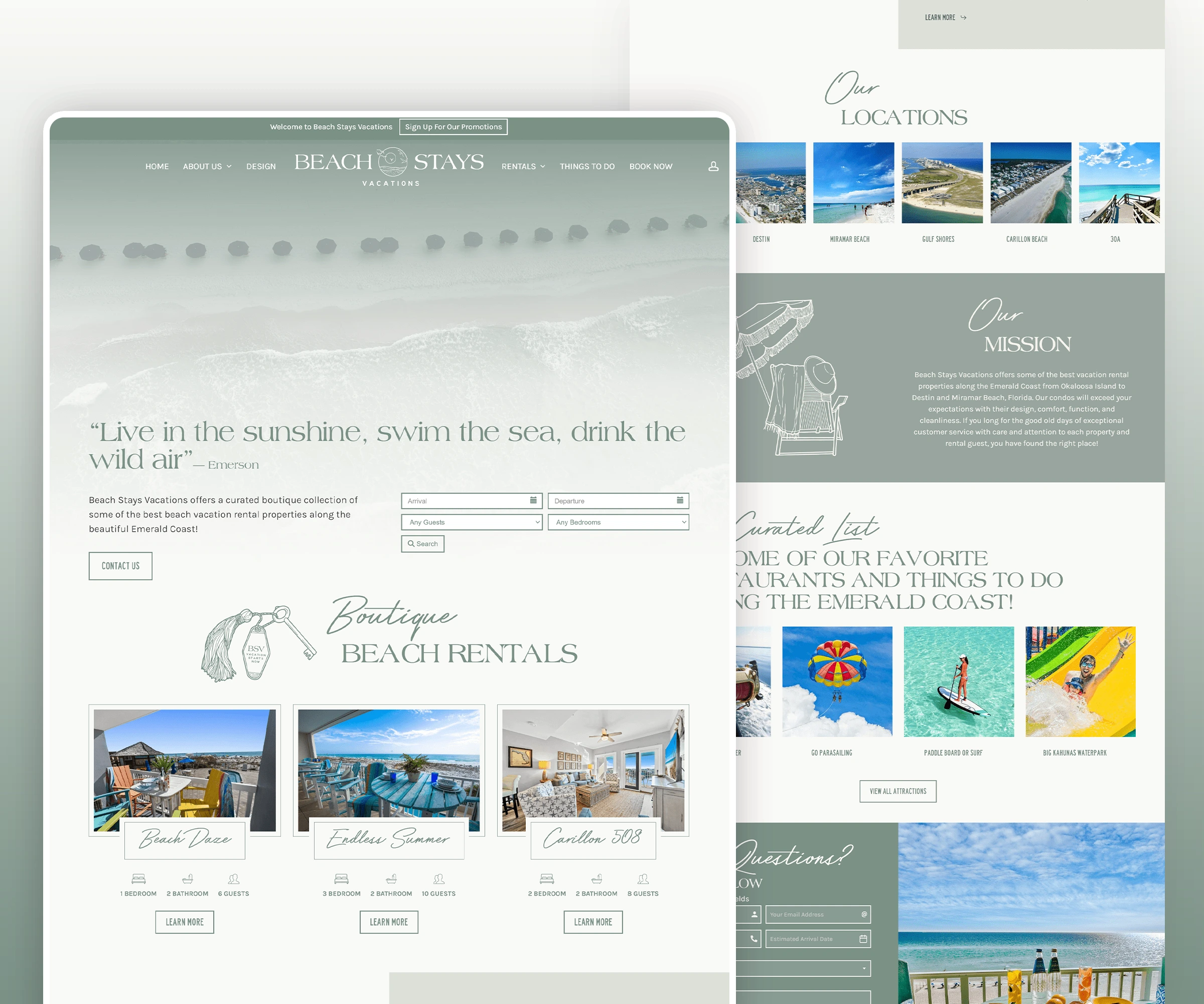 Original pre-acquisition Beach Stays Vacations website by Knokx and Villa Marketers, showing coastal branding, rental search, property cards and Emerald Coast destinations