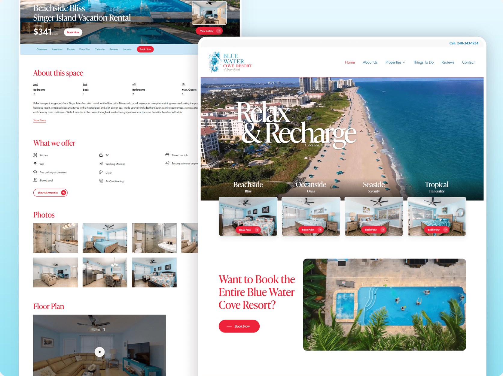 Blue Water Cove Resort website — desktop view