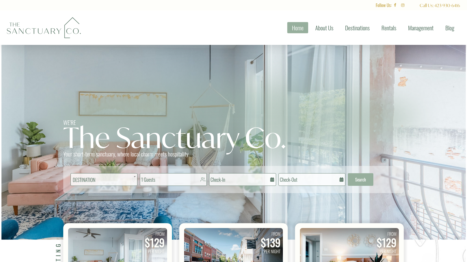 The Sanctuary Co. live direct-booking website — Short-term rental collection brand