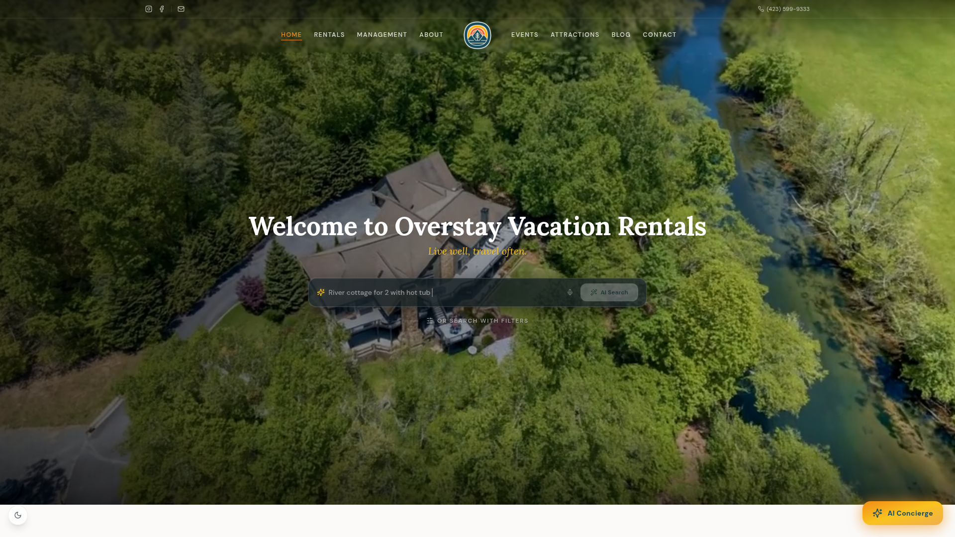 Overstay Vacation Rentals live direct-booking website — River-country cabin & cottage brand