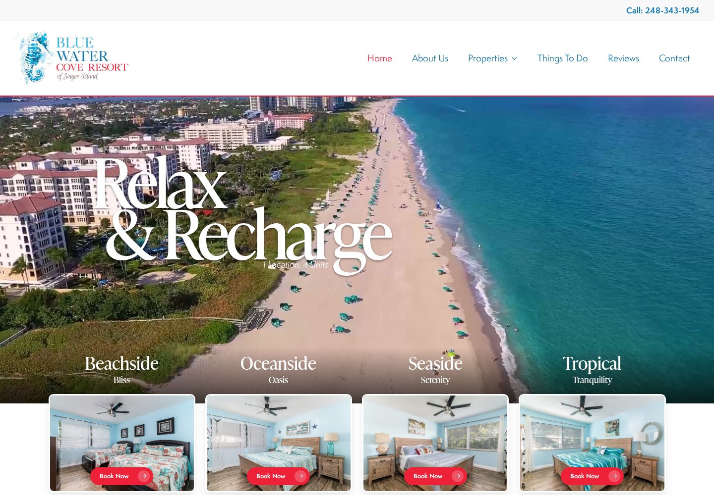 Blue Water Cove Resort live direct-booking website — Singer Island, FL beachfront resort brand