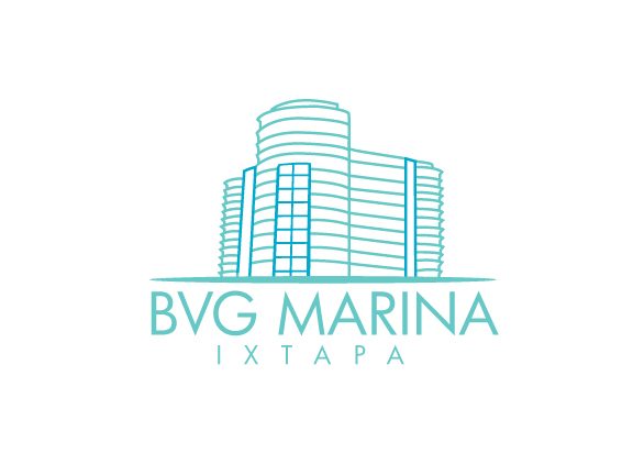 BVG Marina Ixtapa logo — single-weight line drawing of the marina building with aqua window accents