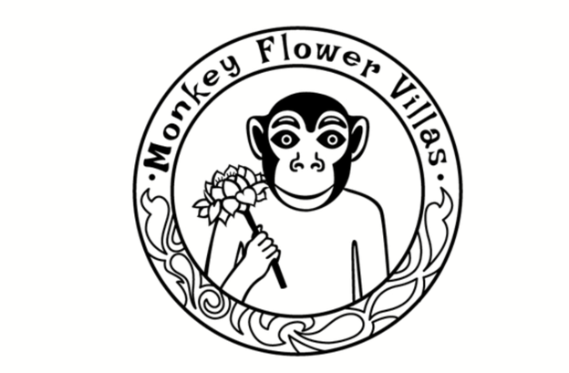 Monkey Flower Villas Koh Tao logo — hand-drawn tribal linework of a monkey and flower motif in black and white