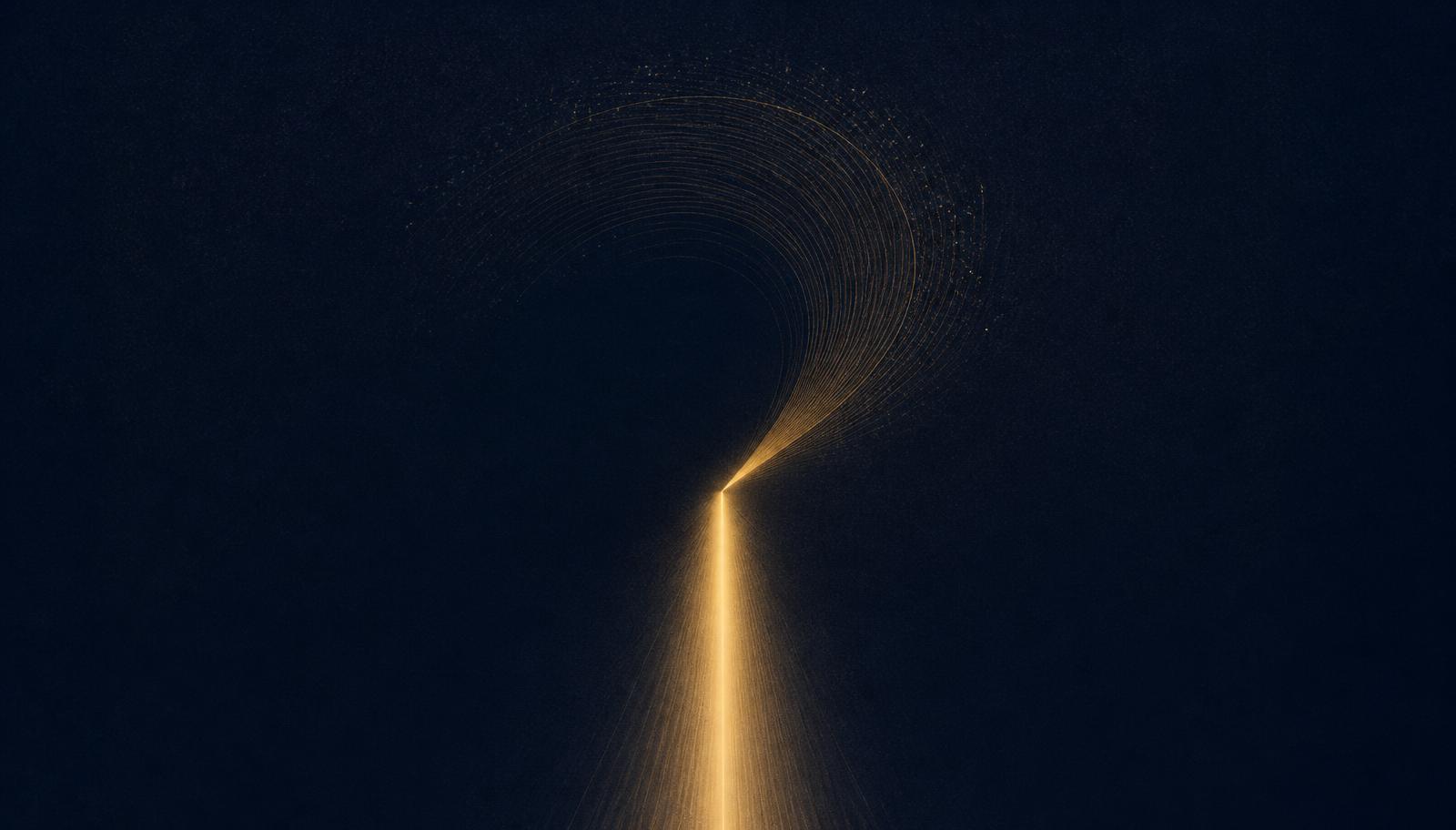 Abstract editorial illustration: a scattered arc of faint gold lines resolving into one clear beam of light on a midnight navy field.