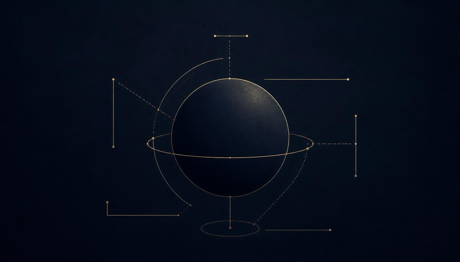 Abstract editorial illustration: fine gold label lines and measurement brackets annotating a simple dark geometric form.