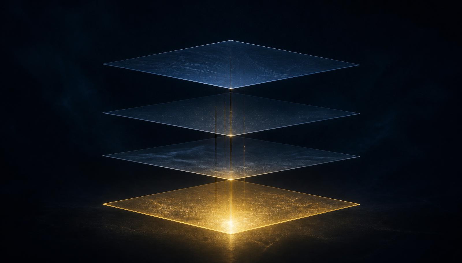Abstract editorial illustration: three translucent stacked planes lit from a single glowing champagne-gold base plane.