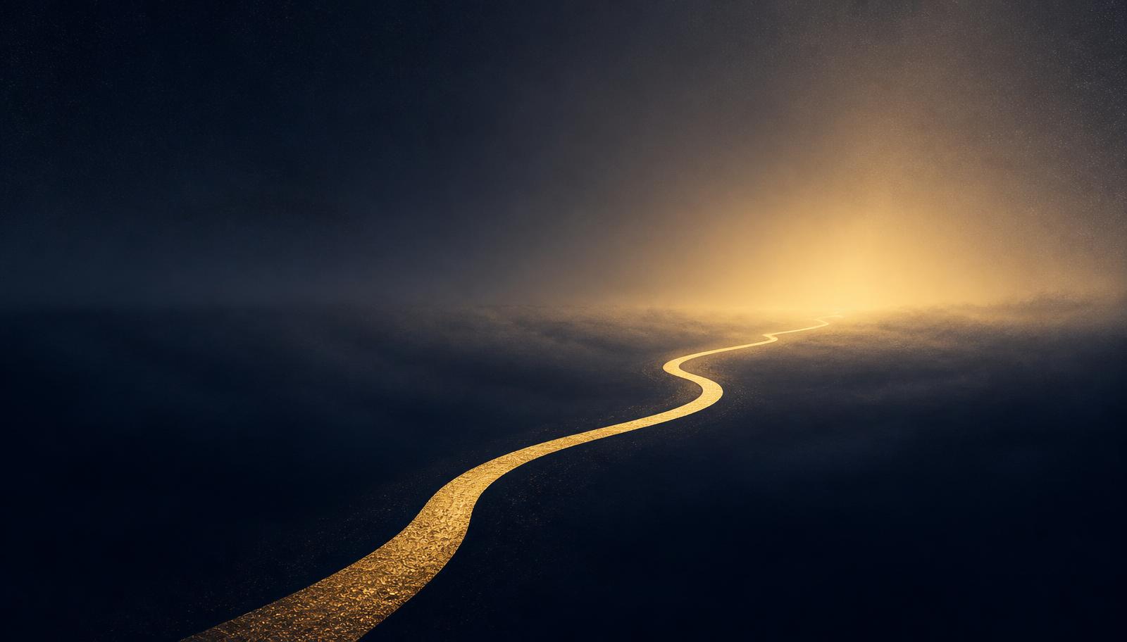 Abstract editorial illustration: a single thin gold path leading out of dark fog into clear warm light on the horizon.