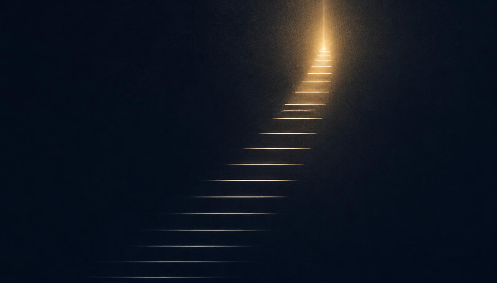 Abstract editorial illustration: a ladder of thin light rungs ascending from dim grey to bright champagne gold on a midnight navy field.