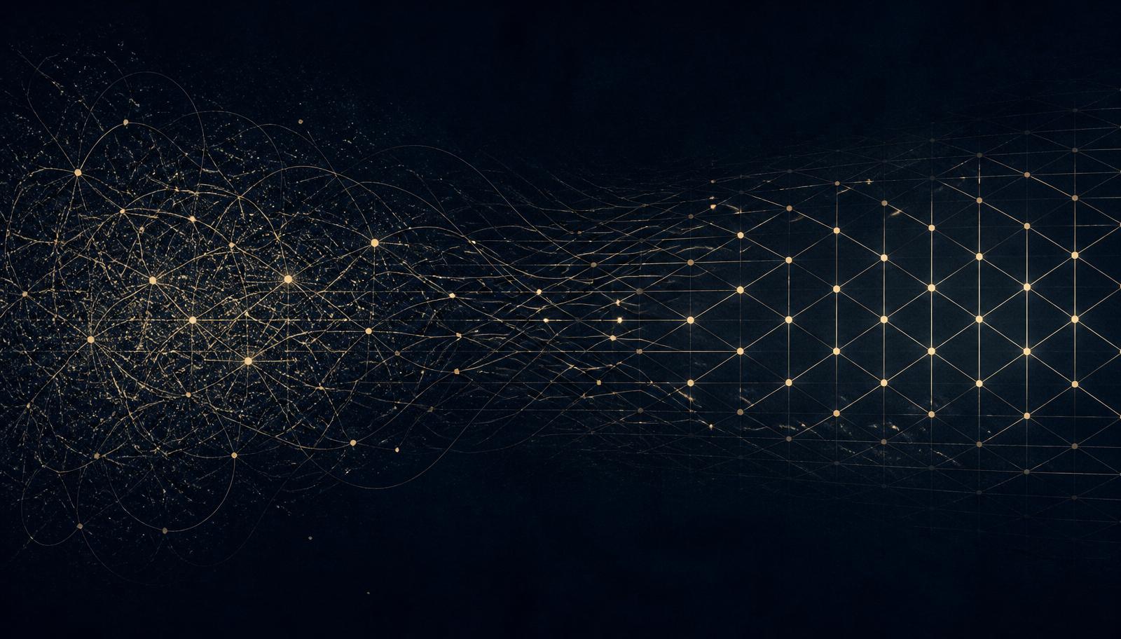 Abstract editorial illustration: a tangle of faint gold light nodes on the left resolving into an ordered gold lattice on the right.