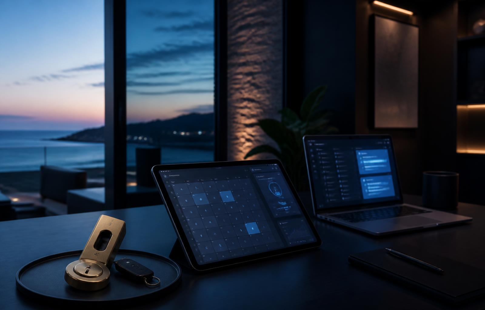 Villa workspace at dusk with a tablet showing a booking calendar and messaging dashboard beside a smart lock and key fob, representing Airbnb automation.