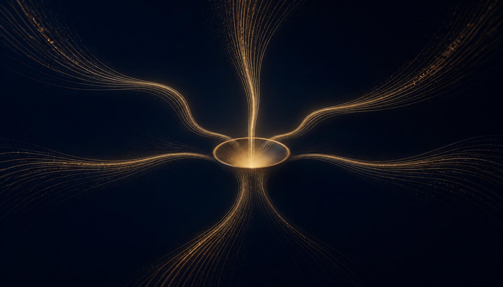 Abstract midnight-navy illustration of several streams of golden light flowing in from different directions and converging into a single calm gold aperture — a conceptual depiction of multiple booking channels converging on one destination you own.