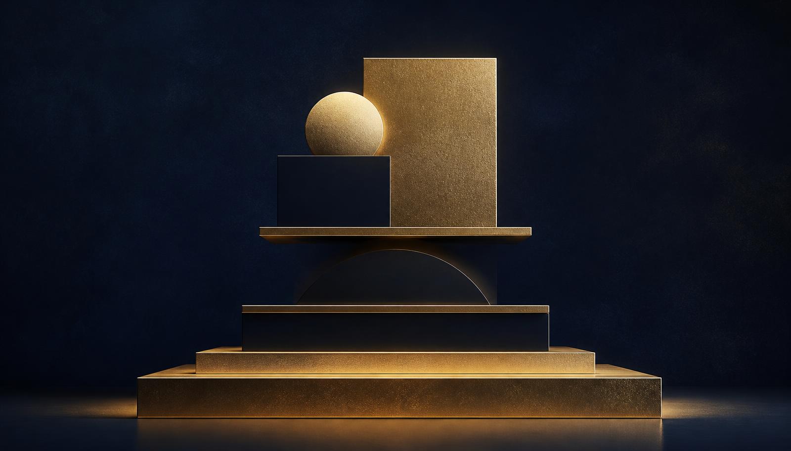 Abstract midnight-navy and champagne-gold illustration of a solid gold foundation slab with clean architectural forms stacked precisely above it — a conceptual depiction of building a direct booking channel on ground you own.