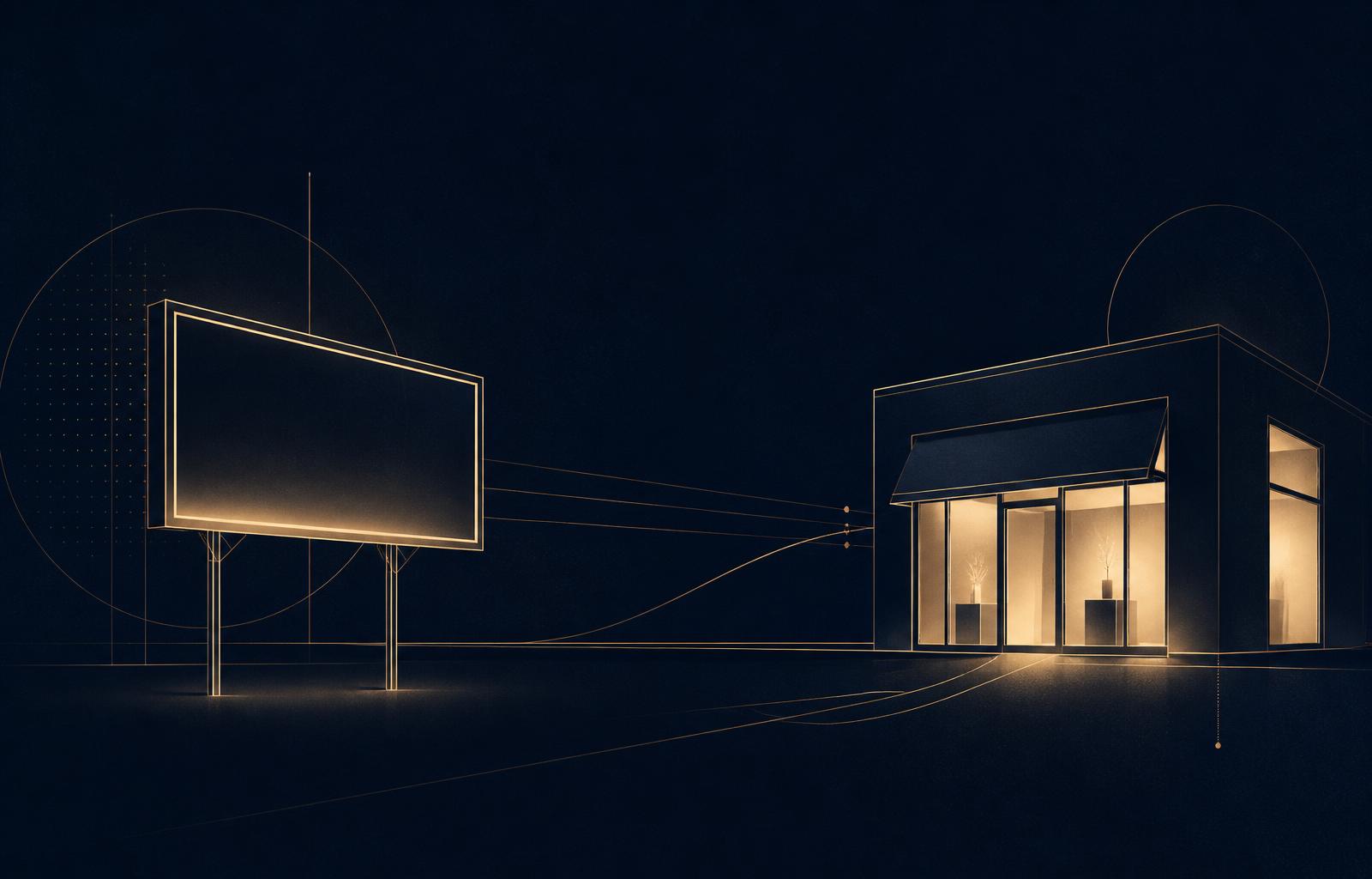 Conceptual illustration in midnight navy and champagne gold: an empty billboard on the left connected by fine gold lines to a warmly lit storefront on the right, illustrating the idea that a platform listing is a billboard while your own website is the store you own.