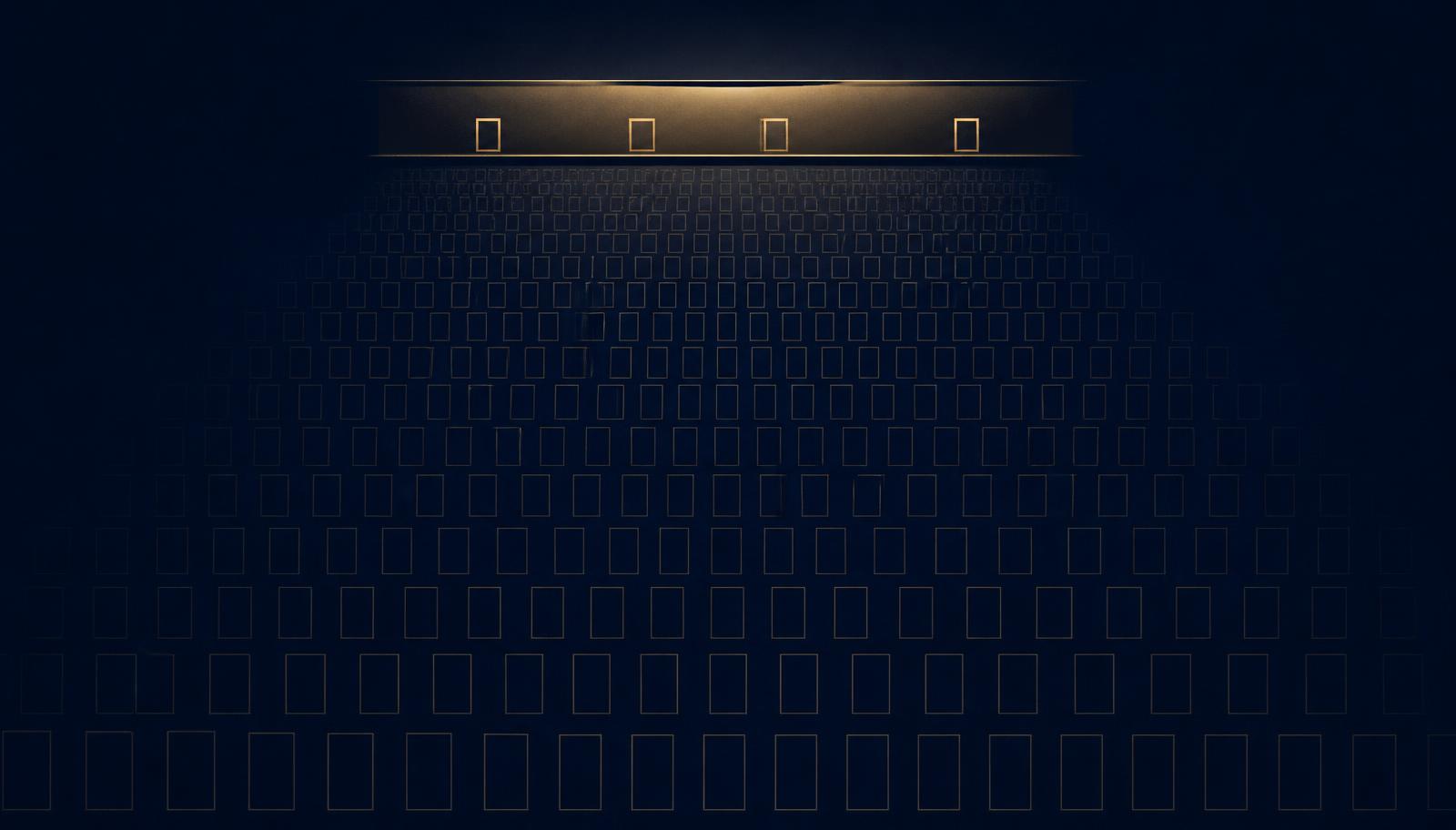 Abstract midnight-navy illustration of hundreds of faint outlined rectangles crowding upward toward a single narrow illuminated shelf, where only a few rectangles are lit in gold — a conceptual depiction of scarce first-page shelf space on a booking platform.