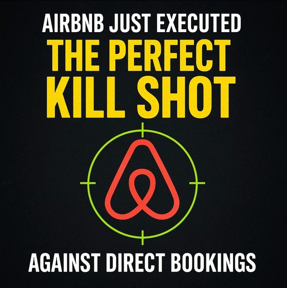 Jay William's August 2025 LinkedIn graphic reading 'Airbnb just executed the perfect kill shot against direct bookings,' with the Airbnb logo in a sniper crosshair.