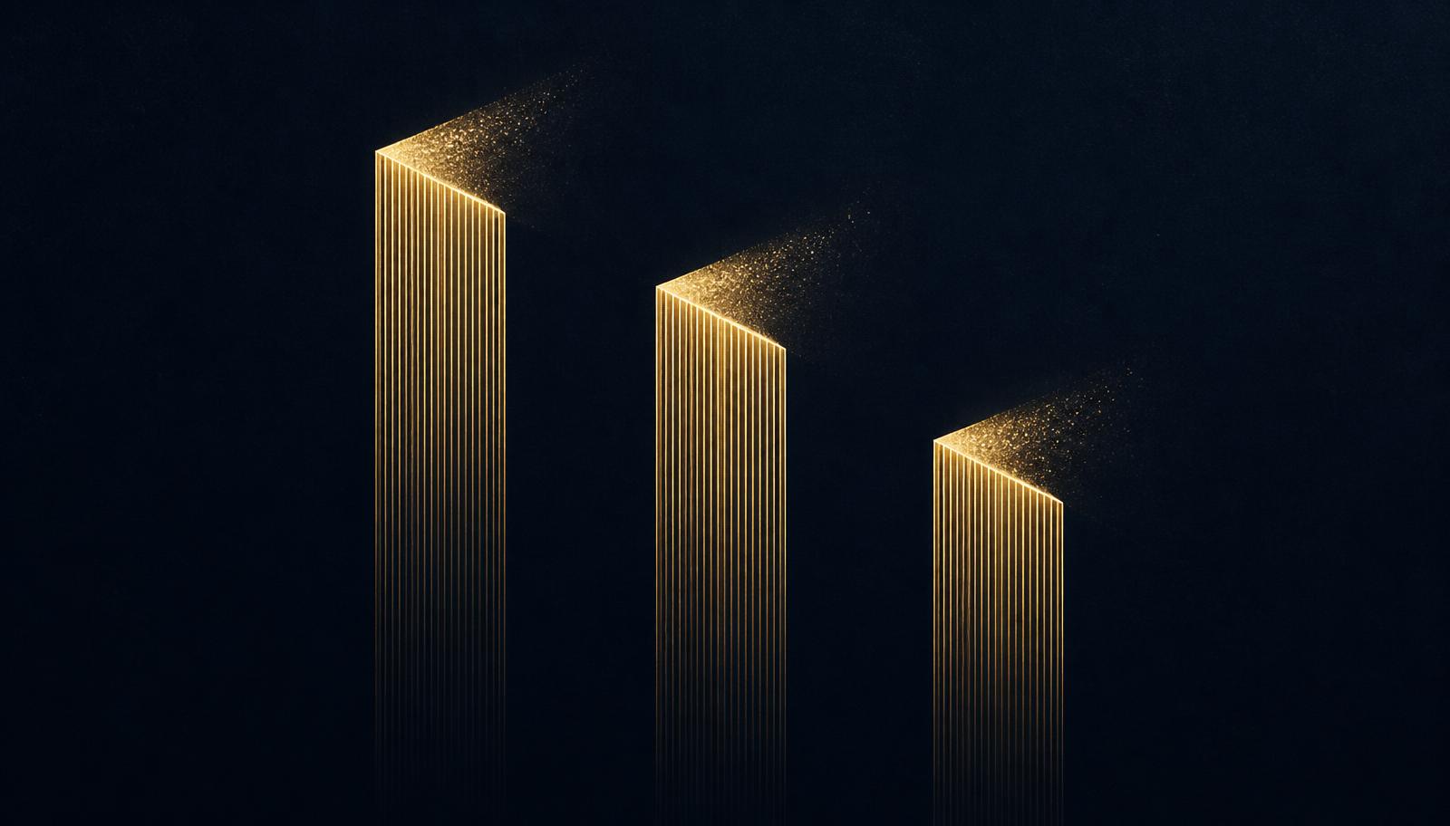 Abstract editorial illustration: three luminous champagne-gold columns of differing heights on midnight navy, each shedding a plume of gold particles from the top.