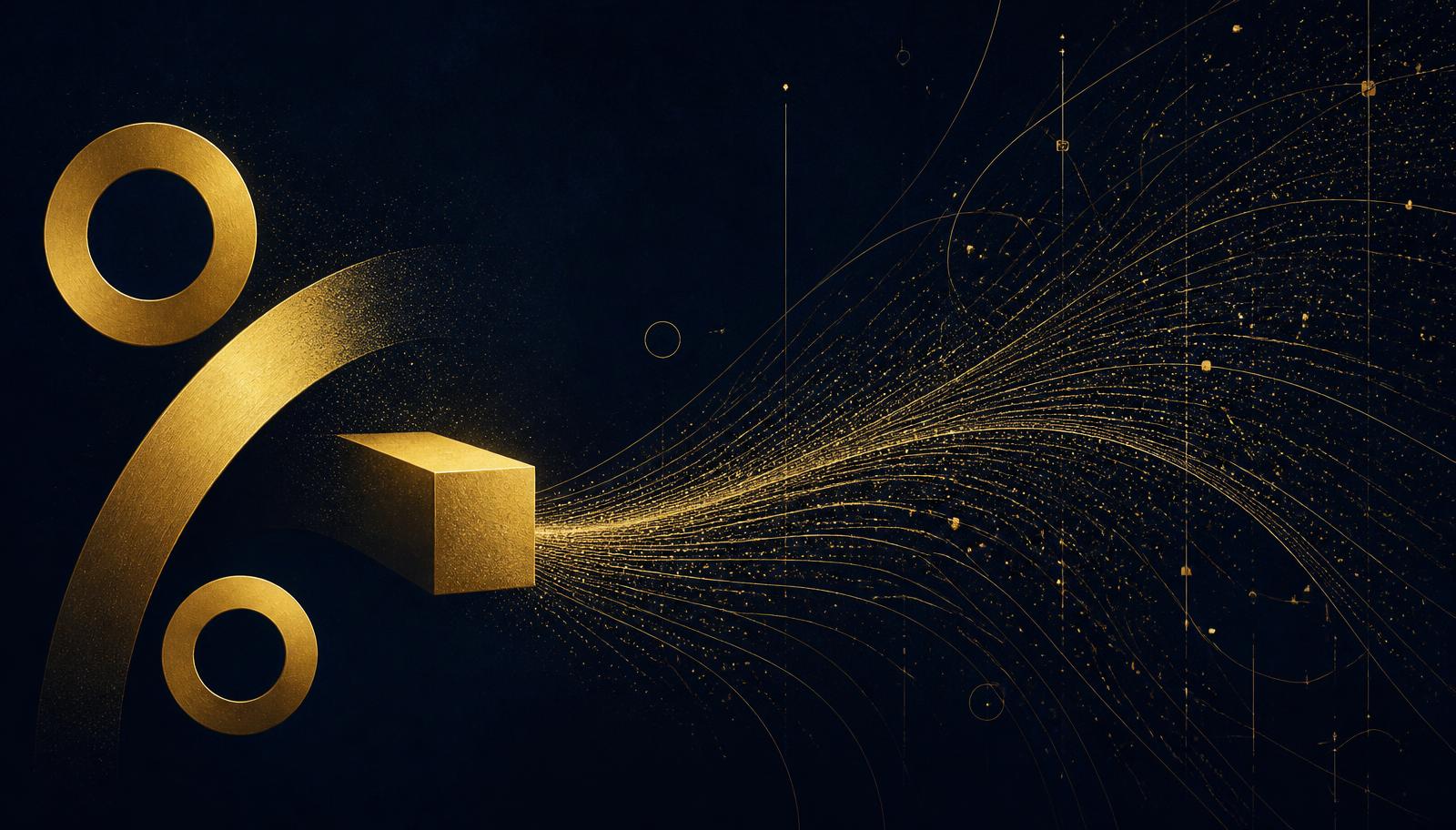 Abstract editorial illustration in champagne gold on midnight navy: a solid gold block dissolving into a stream of particles flowing away beneath a large percent symbol.