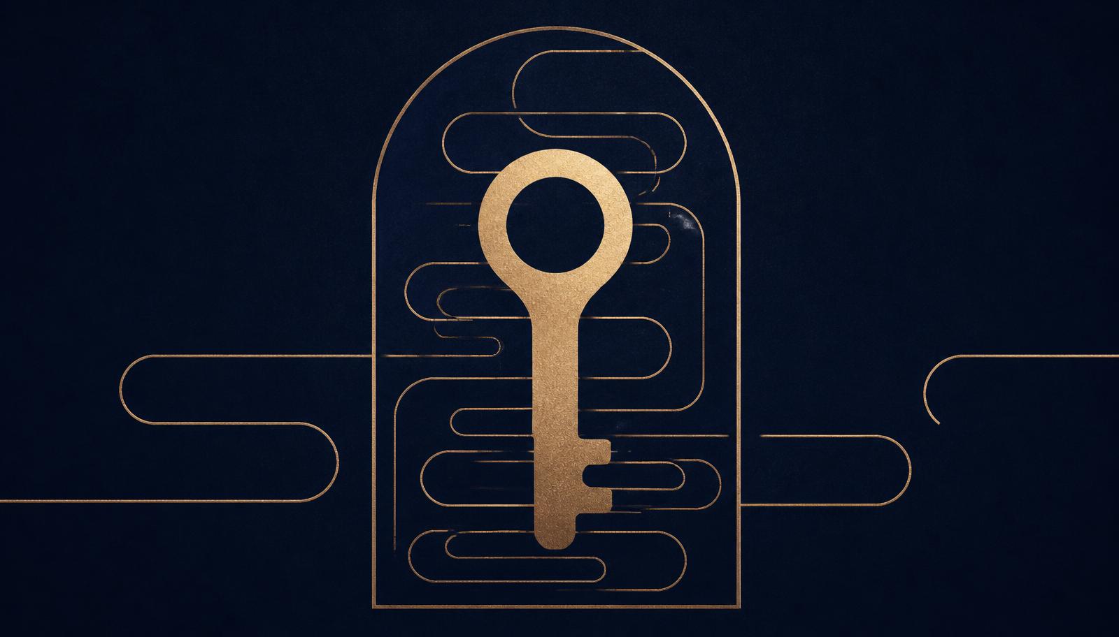 Abstract editorial illustration: a champagne-gold key inside a thin gold arch, with a single gold line looping back on itself in a repeating circuit on midnight navy.