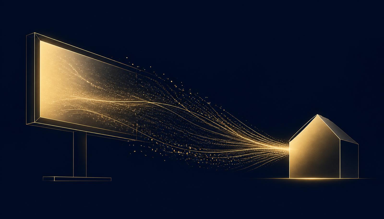 Abstract editorial illustration in champagne gold on midnight navy: a glowing billboard emitting a stream of gold particles that converge into a solid house-shaped node.