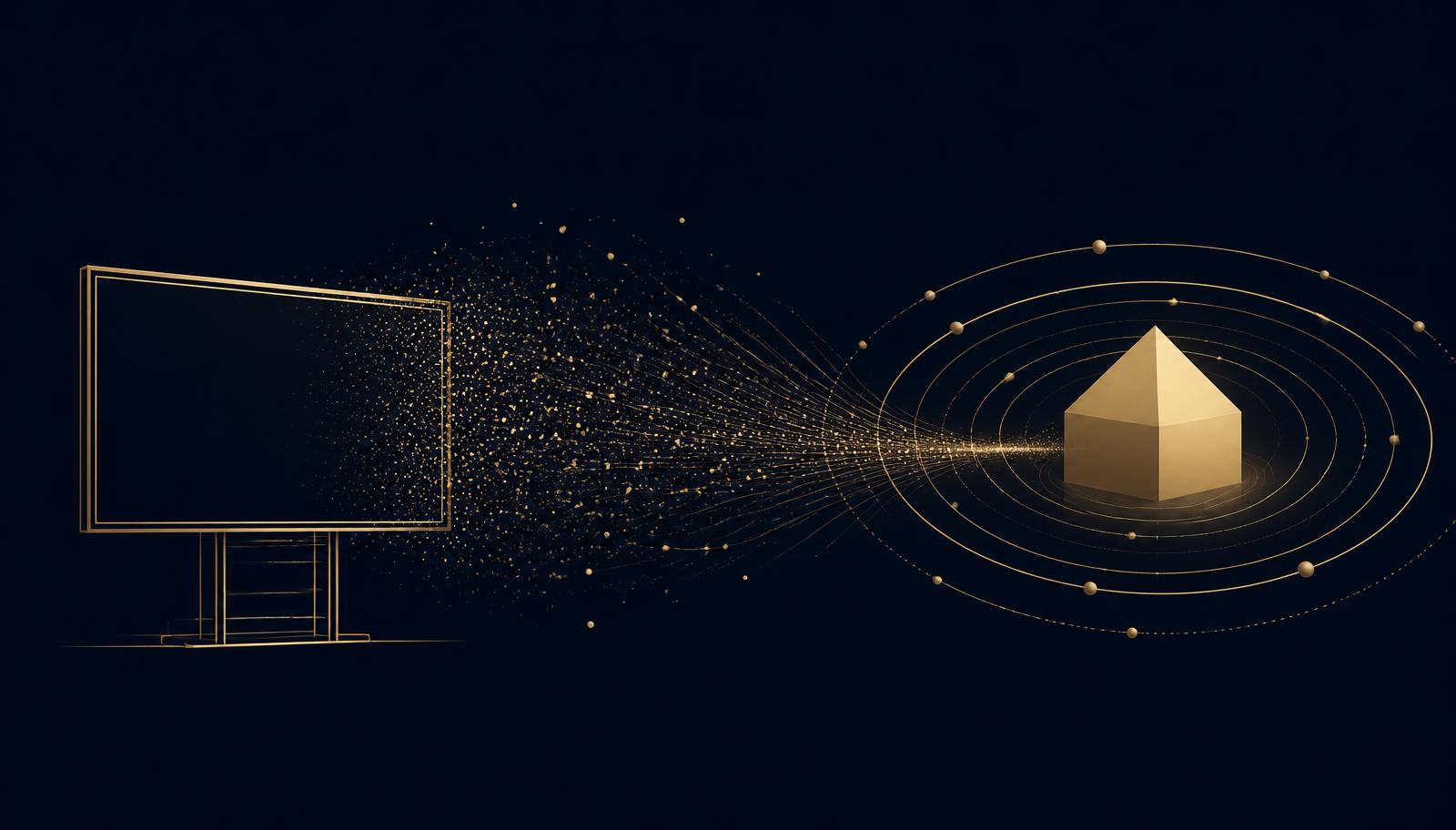 Abstract editorial illustration in champagne gold on midnight navy: a billboard frame on the left scattering gold particles that converge on the right into a solid house-shaped node encircled by orbit rings.