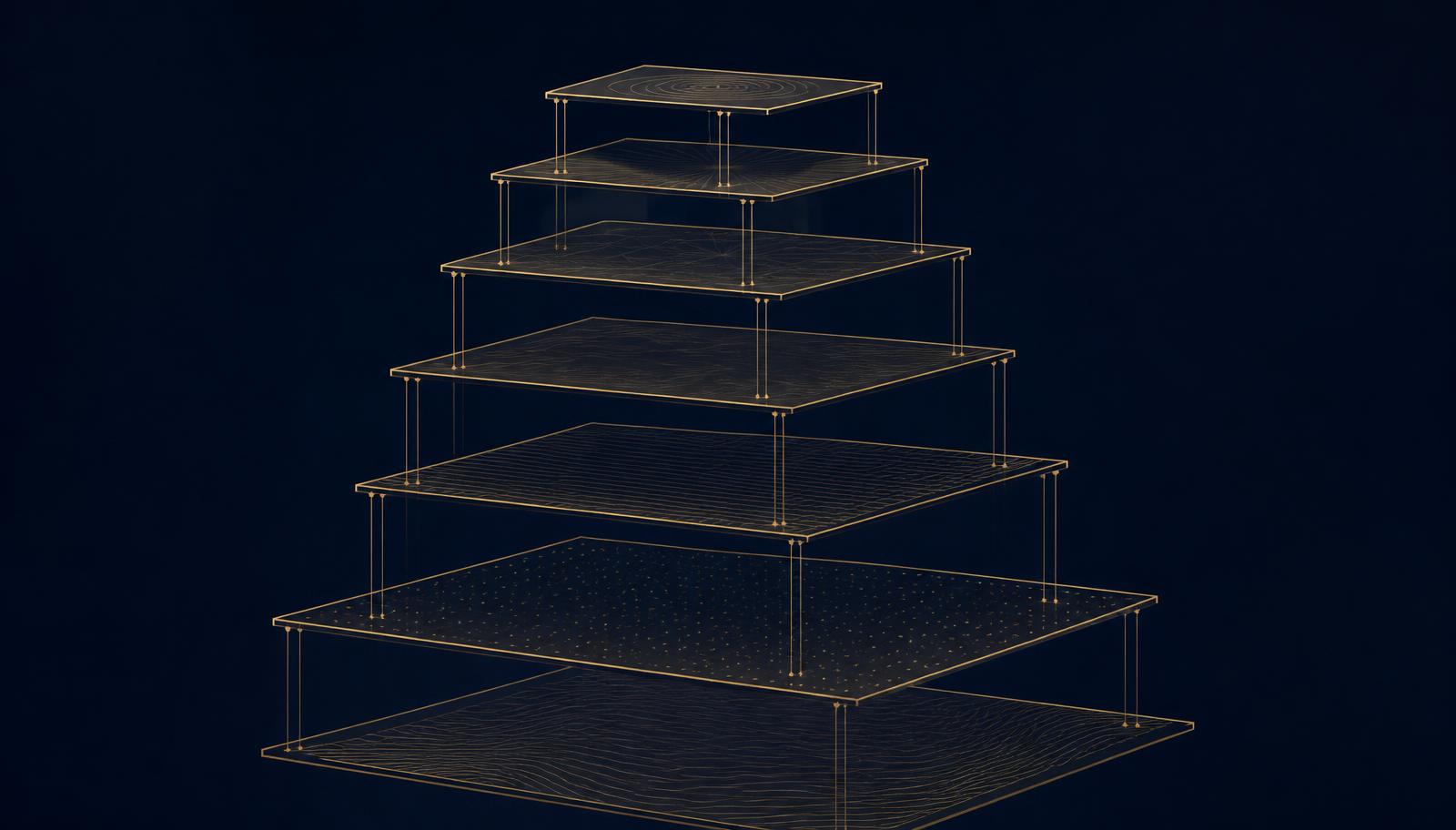 Abstract editorial illustration in champagne gold on midnight navy: seven stacked horizontal layers connected by fine vertical threads, forming a single architectural stack.