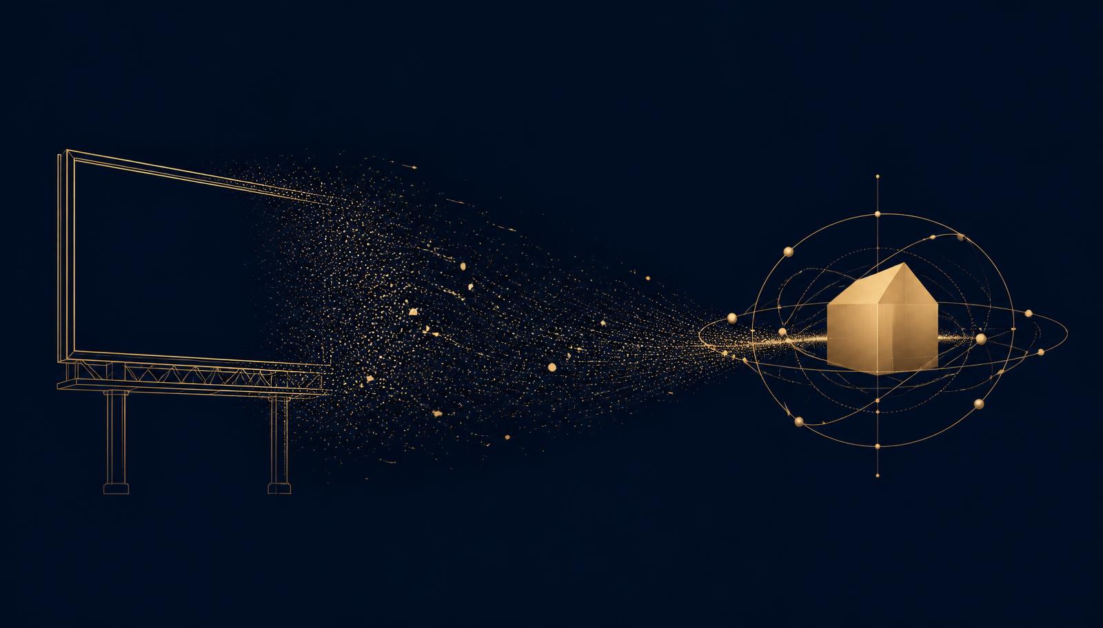 Abstract editorial illustration in champagne gold on midnight navy: a billboard frame on the left dissolving into gold particles that converge on the right into a solid gabled-roof node ringed by orbit lines.