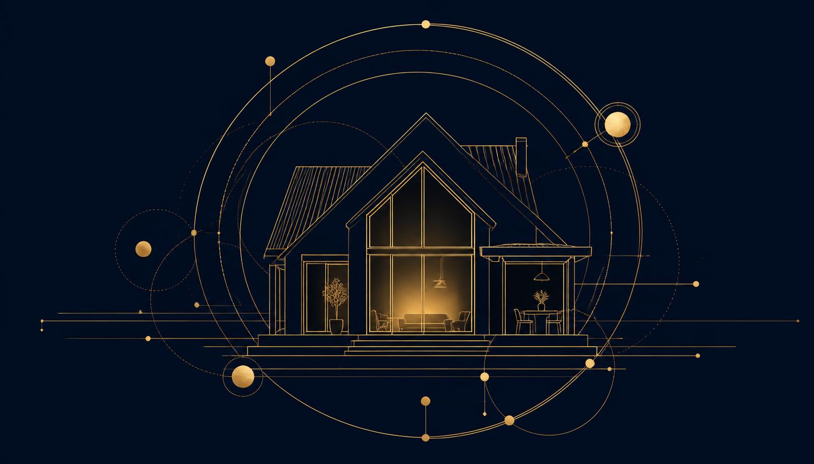 Abstract editorial illustration in champagne gold linework on midnight navy: a gabled house-and-porch silhouette glowing from within, encircled by orbiting ring paths and connected nodes.