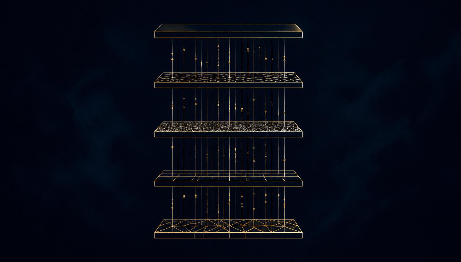Abstract editorial illustration in champagne gold linework on midnight navy: five slim horizontal layers connected by fine vertical threads forming one architectural column, with small gold dots suggesting flow between layers.