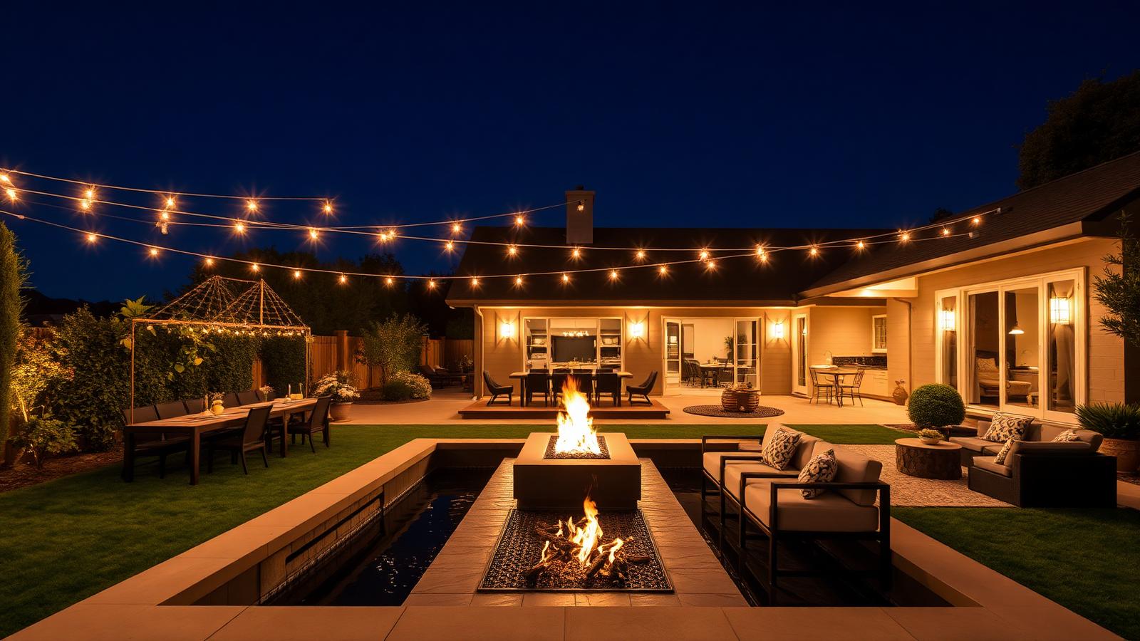 Vacation rental backyard transformed into an outdoor living haven at dusk — long dining table under string lights and a sunken fire feature.