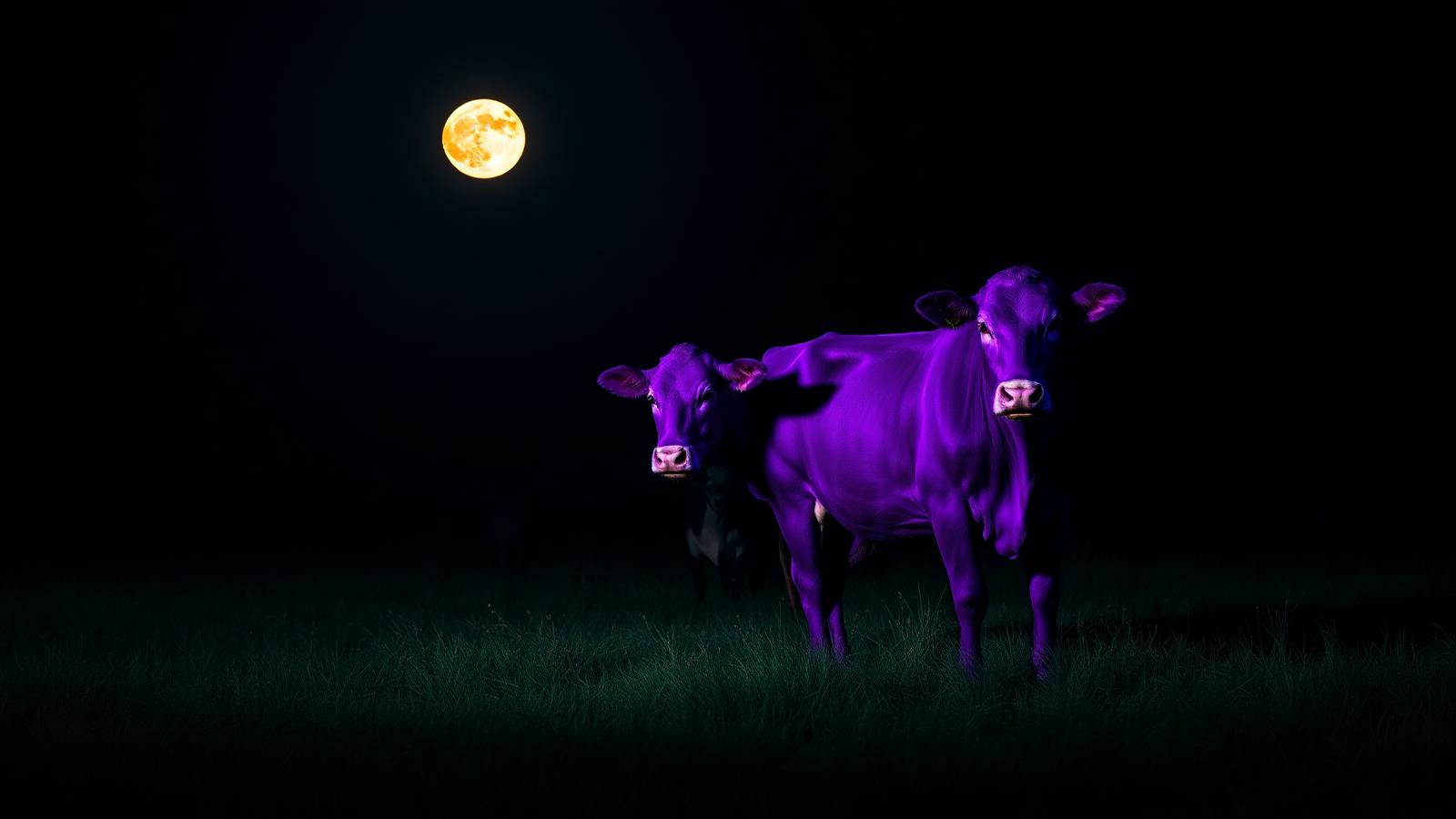 A single vivid purple cow in a moonlit field — a visual metaphor for a remarkable vacation rental that stands out from the commodity.