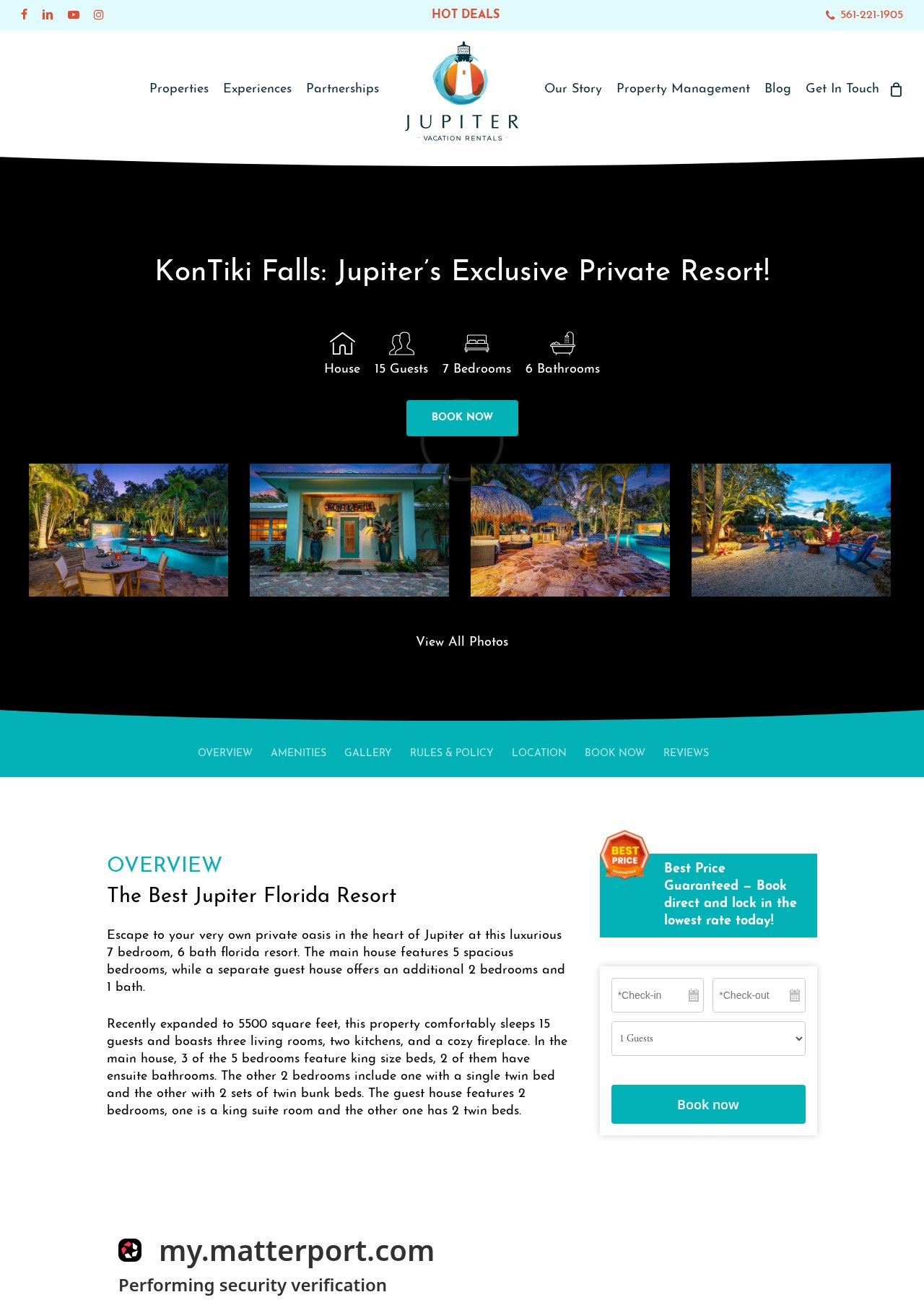 KonTiki Falls page on jupitervacationrentals.com — private resort in Jupiter, Florida