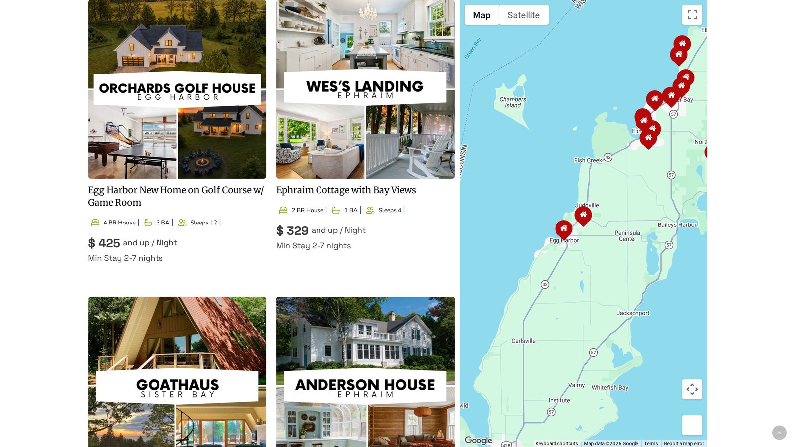 Northern Door Vacations rentals page — Door County map with property pins beside the live property listing rail