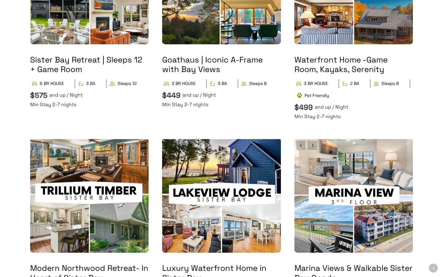 Live Northern Door Vacations portfolio grid — Sister Bay Retreat, Goathaus A-Frame, Trillium Timber, Lakeview Lodge, Marina View