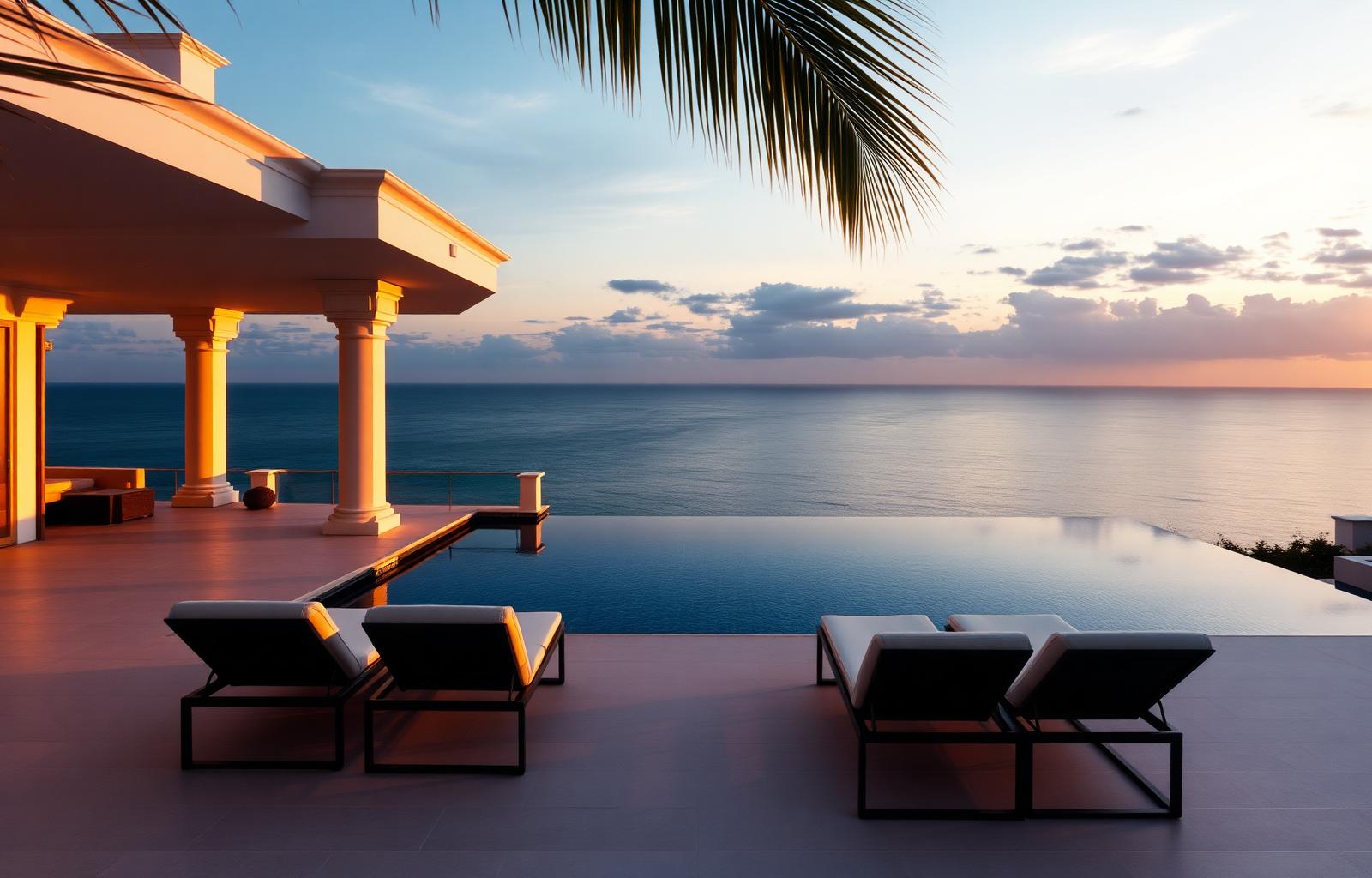 A luxury coastal vacation rental terrace with an infinity pool overlooking the ocean at golden hour.