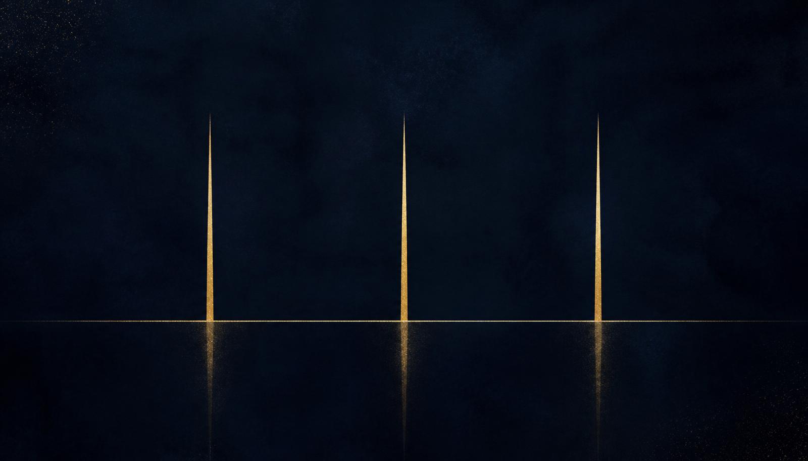 Abstract editorial illustration: three steady champagne-gold vertical marks anchored evenly on a faint horizon line.