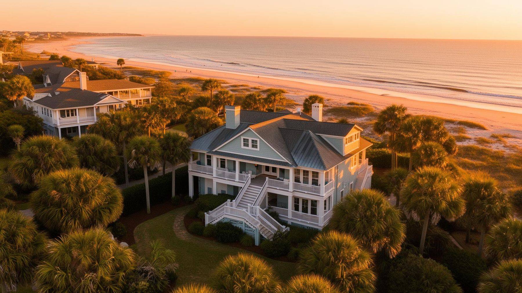 Golden-hour aerial of the Folly Beach shoreline with beach houses along the dune line