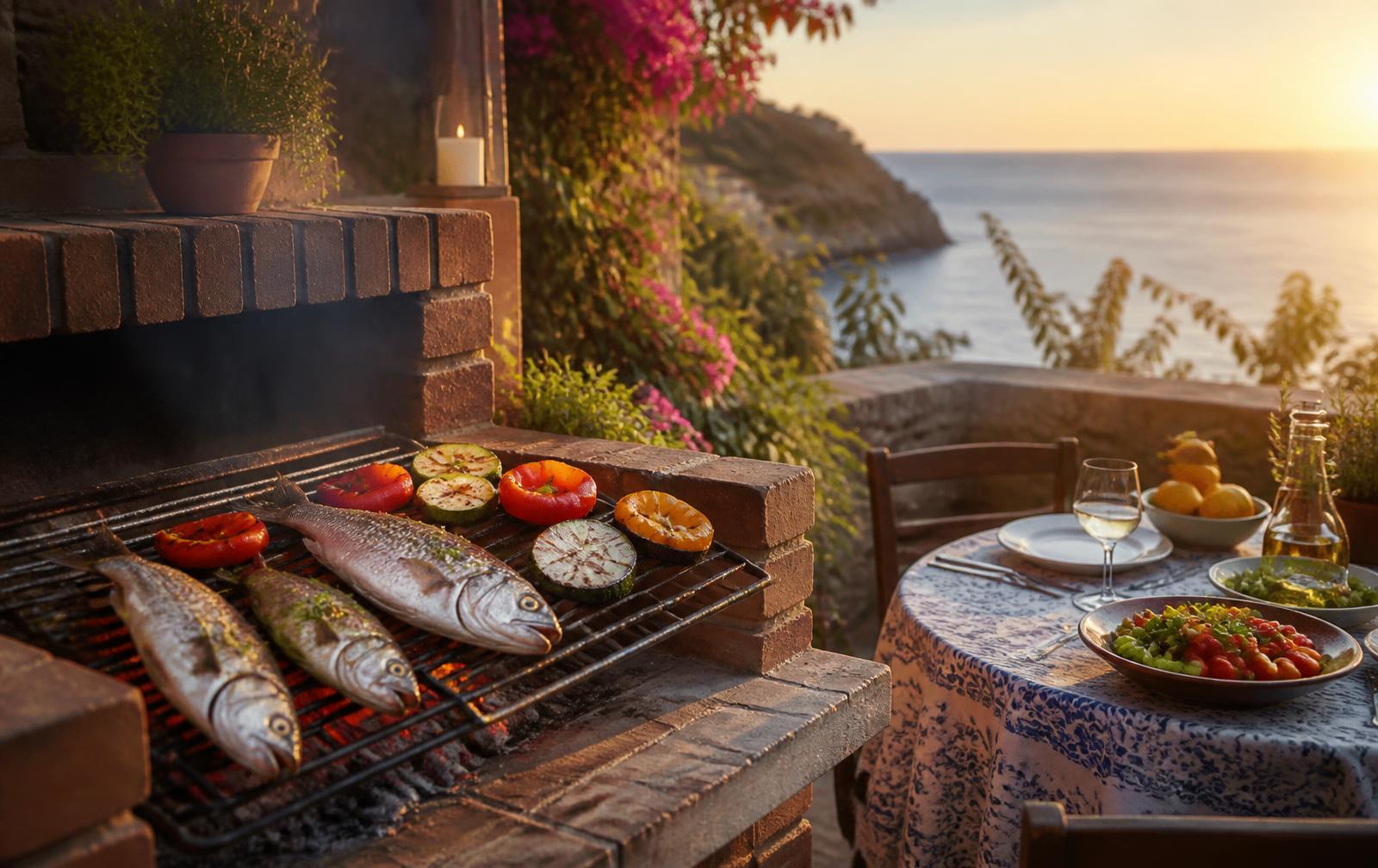 Fresh whole fish and vegetables grilling on a brick barbecue on a villa terrace at sunset, with a set dining table and the sea beyond.