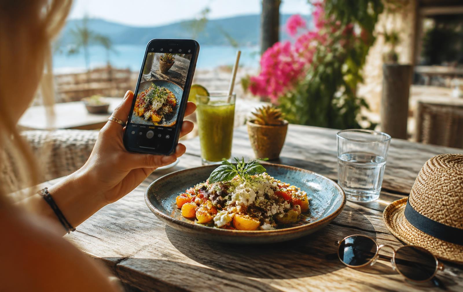 A traveler photographing a colorful local dish with a smartphone at a sunny outdoor cafe table on vacation.