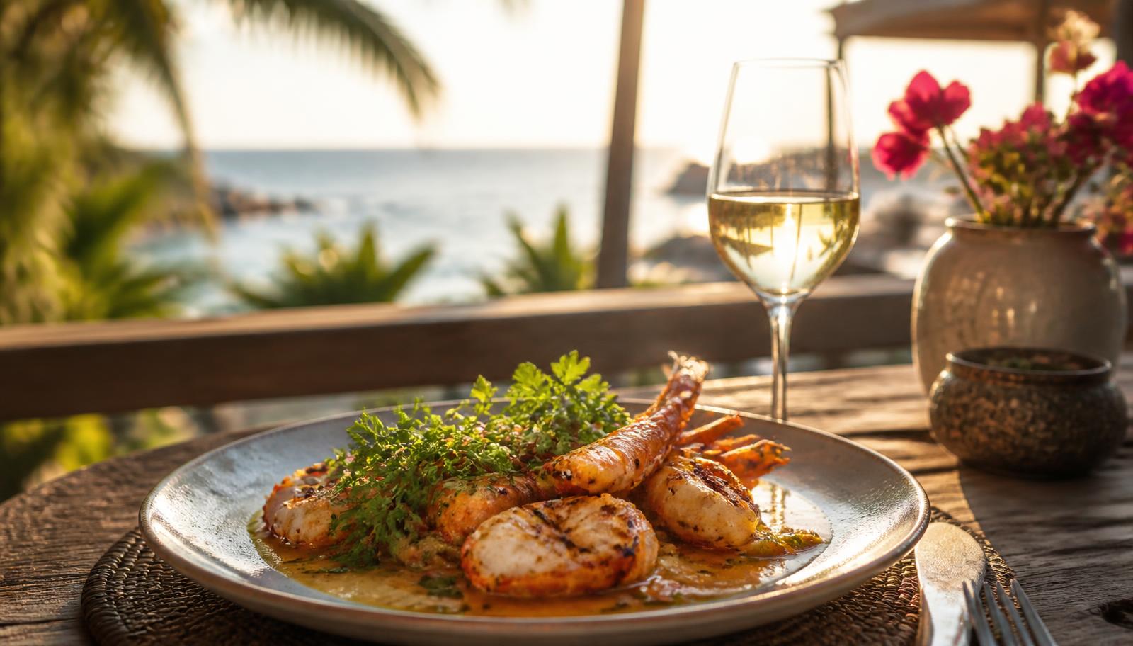 A plated local seafood dish and a glass of white wine on a wooden table on a vacation rental terrace overlooking the ocean at golden hour.