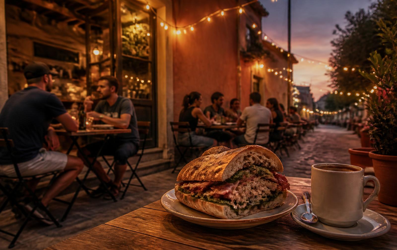 A crusty overstuffed sandwich and a cup of coffee on a wooden table outside a small neighborhood eatery at dusk, with locals dining under string lights.