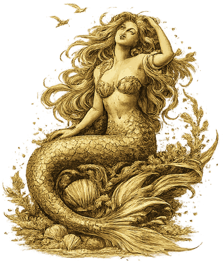 The Rather Shacks gold mermaid mark, drawn from a mural inside one of the client's properties