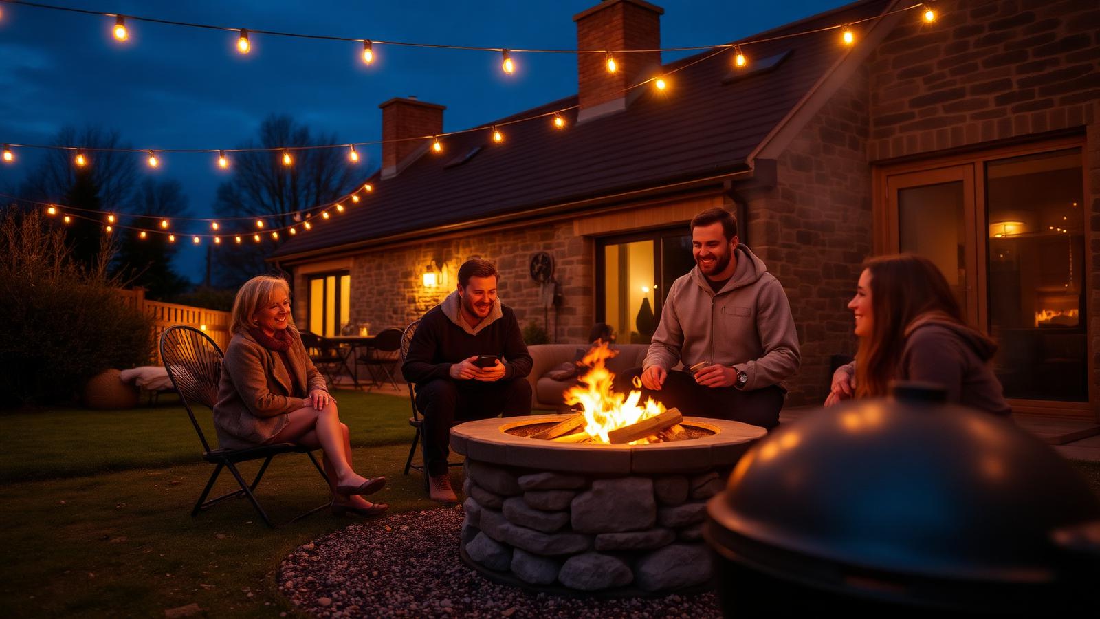 A family gathered around a garden fire pit and barbecue at dusk outside a holiday cottage, string lights overhead — the experience a great holiday rental ad actually sells.
