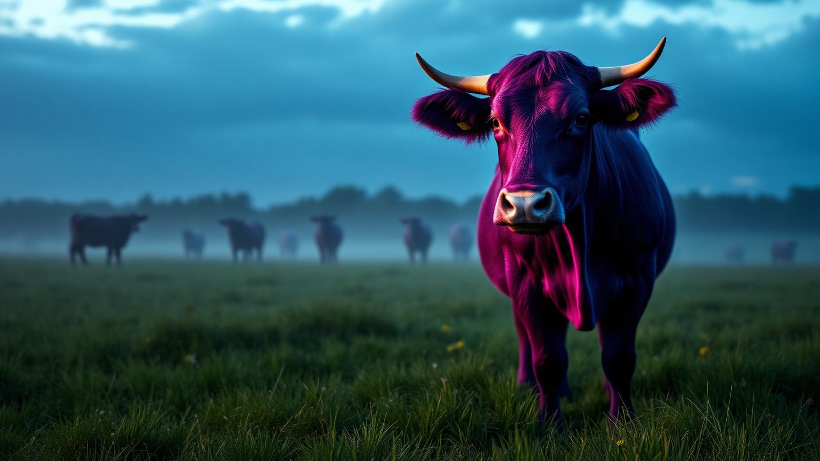 A single vivid purple cow standing out in a misty countryside meadow at dusk — visual metaphor for a holiday rental ad that refuses to blend in.
