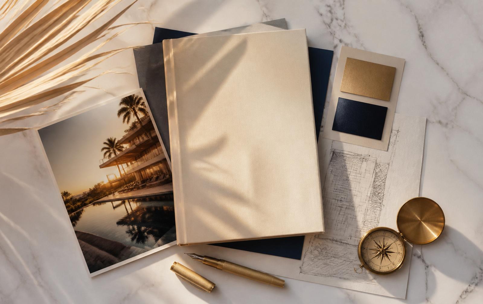 Overhead flat lay of a luxury vacation rental brand system on white marble at golden hour — a printed guide, a moody villa photograph, a champagne-and-navy swatch card, an architectural sketch, brass compass and gold pen: the pieces of a vacation rental marketing strategy working as one.