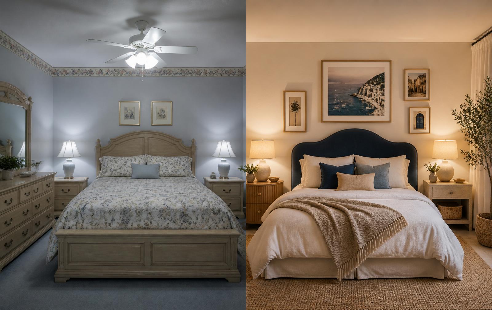 Side-by-side illustration comparing a generic matching bedroom with a designed direct-booking bedroom.