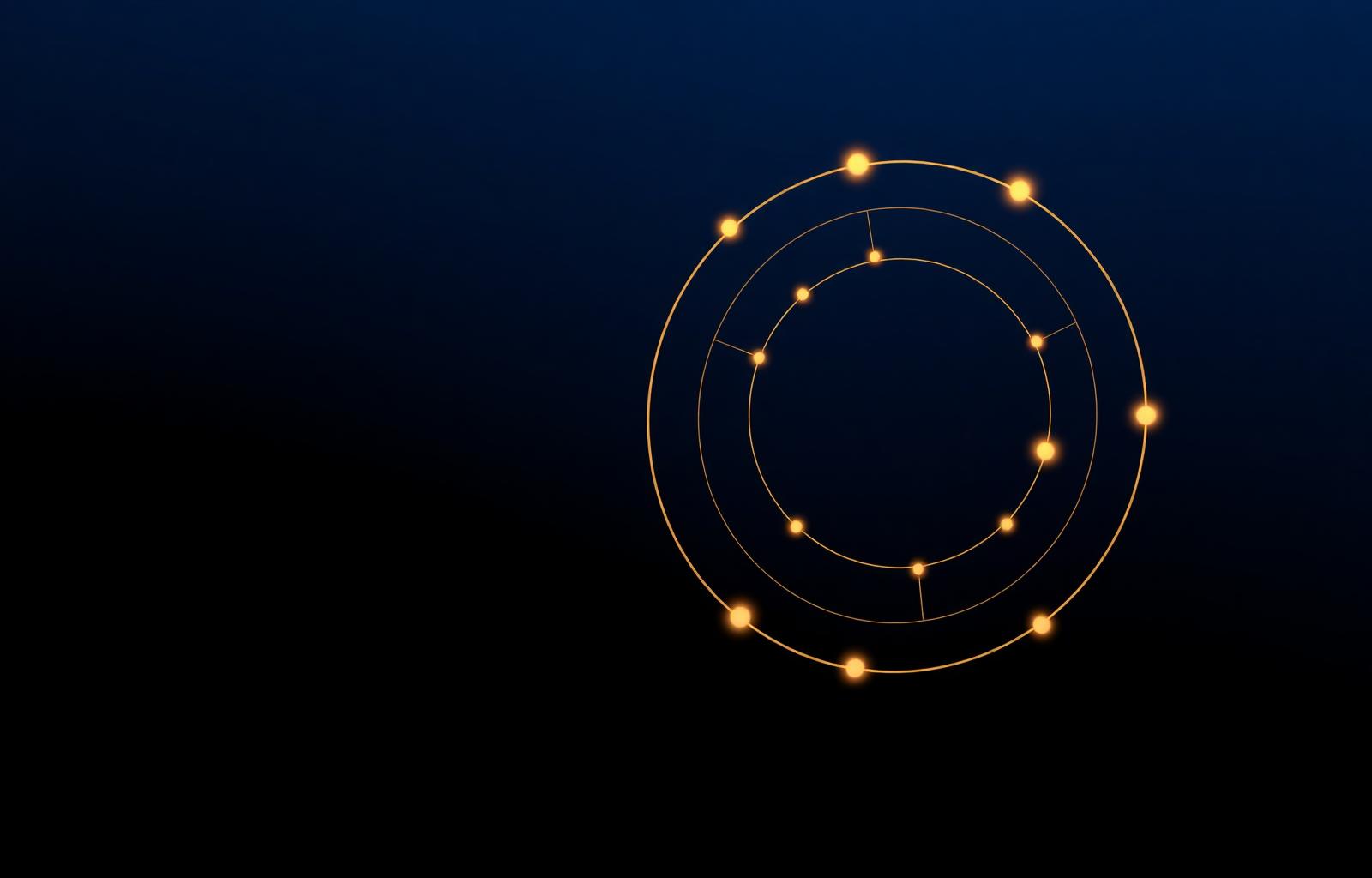 Abstract champagne-gold flywheel on deep navy representing the Nine Ps of vacation rental business as a loop.