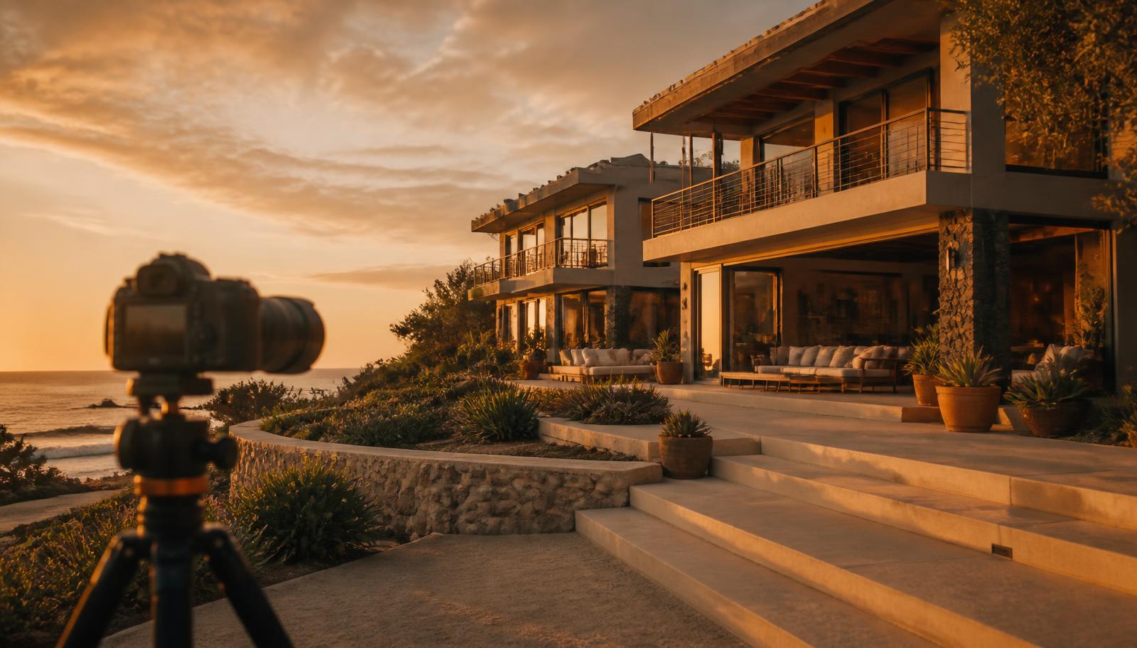 A camera on a tripod photographing the exterior of a coastal vacation rental home in warm golden hour light with soft cloud cover.