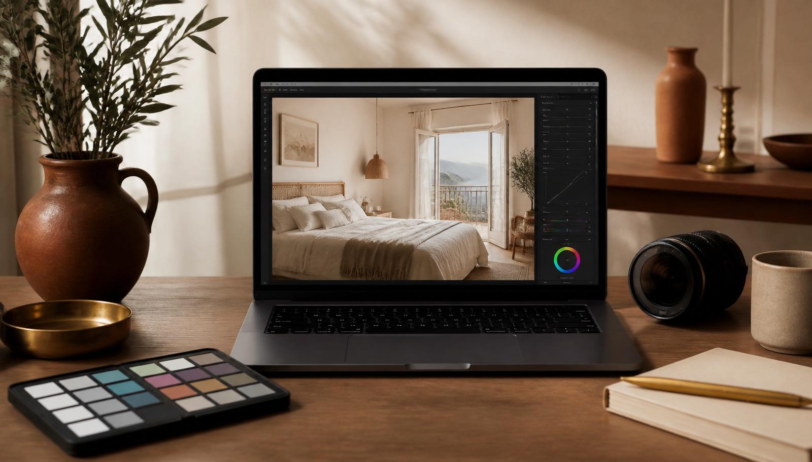 A laptop on a wooden desk showing editing software with a bright, airy vacation rental bedroom image being colour-corrected, beside a lens and a colour-calibration card.
