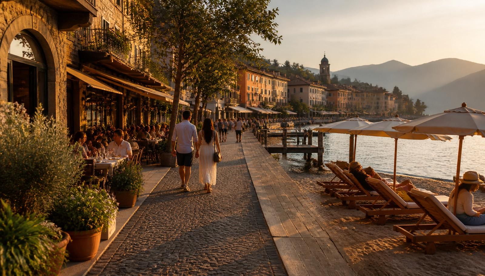 A lakeside waterfront in late afternoon with walkable restaurants, shops and rentable beach chairs on the sand — photographing the experience around a vacation rental, not just the property.