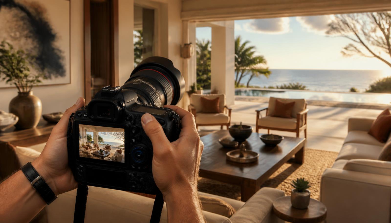 A photographer framing a sunlit vacation rental living room and ocean view on a DSLR with a wide lens at golden hour — vacation rental photography in practice.